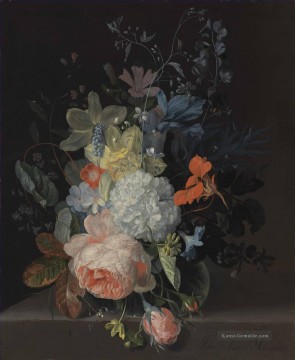 Eine Rose eine Schneeball Narzissen Iris und andere Blumen in einer Glasvase auf einem Steinsprung Jan van Huysum Ölgemälde
